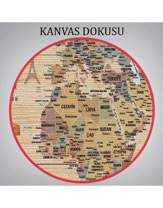 Ahşap Görünümlü Türkçe Dünya Haritası Sembollü Eğitici Dekoratif Kanvas Tablo 2951