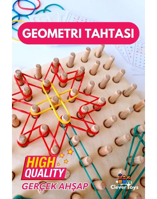 Ahşap Lastik Geçirme Geometri Tahtası 8x8- Tak Çıkar Eğitici Oyuncak Ahşap Oyuncak