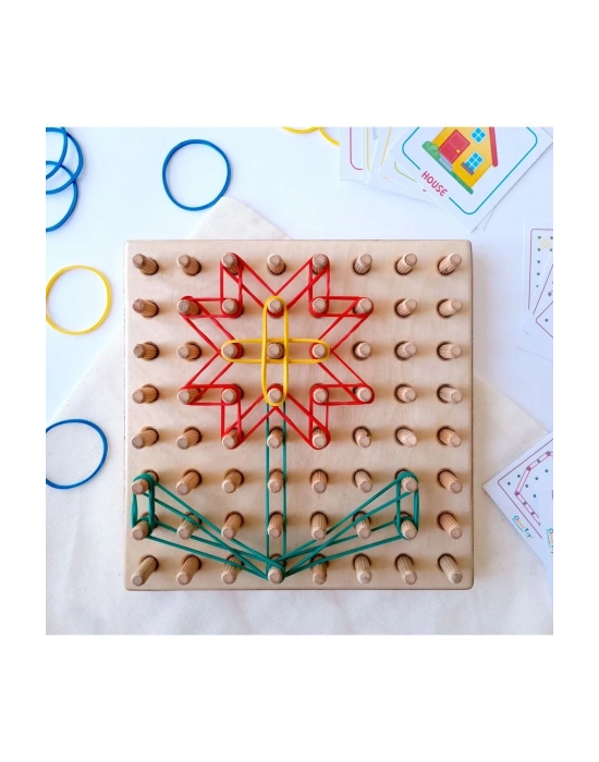 Ahşap Montessori Geometri Tahtası - Lastik Geçirme Eğitici Yak Çıkar Oyuncak- Geoboard