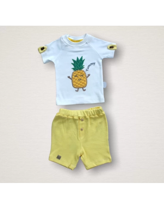 Ananas Nakışlı Kısa Kollu Sweatli Şortlu 2li Kız-erkek Bebek Takımı Sarı