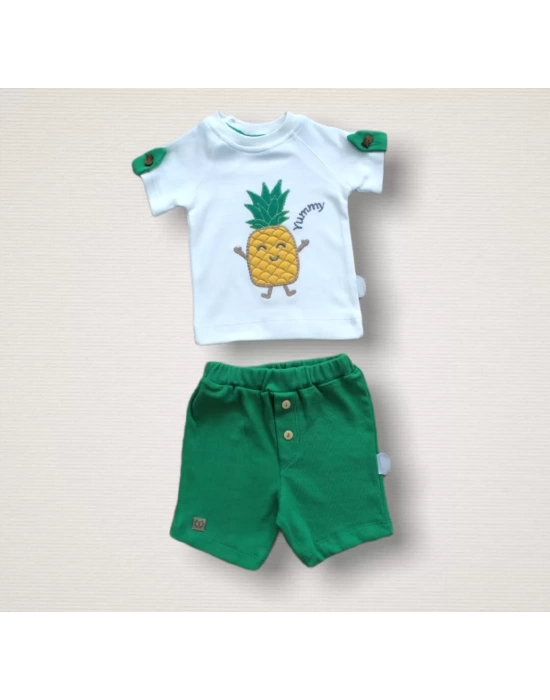 Ananas Nakışlı Kısa Kollu Sweatli Şortlu 2li Kız-erkek Bebek Takımı Yeşil