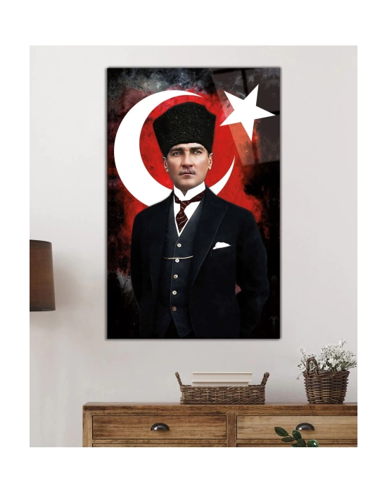 Atatürk ve Türk Bayrağı Uv Baskılı Cam Tablo, Ev Ve Ofis Duvar Dekoru Hediyelik