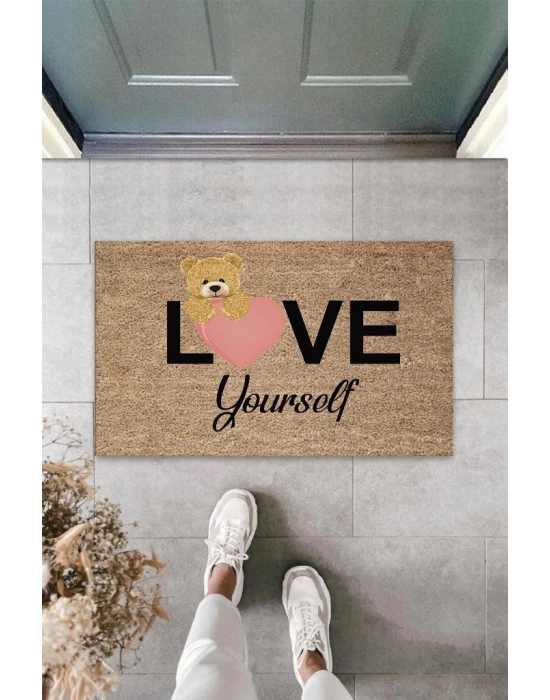 Bej Kapı Önü Paspası Love Yourself Ayıcık Desen  K-3327