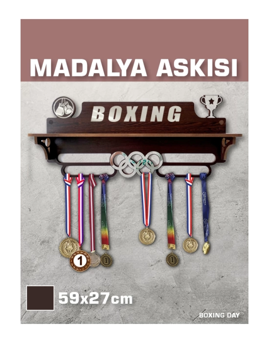 BOKS Madalya Askısı, BOXING Sporcu Ödül Duvar Askılı Madalyalık Kahverengi Madalya Tutucu