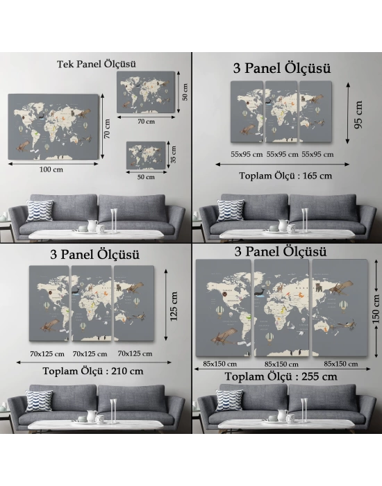 Çocuk Odası İçin Dekoratif Dünya Haritası Kanvas Duvar Tablosu-3698