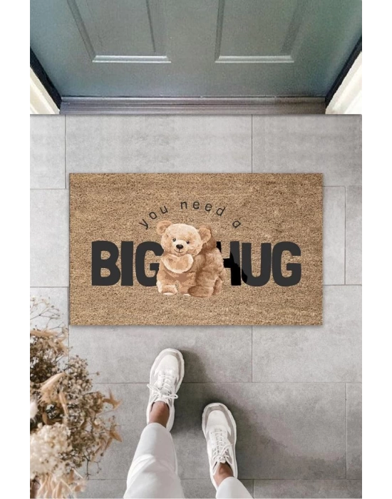 Dekoratif Dijital Big Hug Ayıcık Bej Kapı Paspası Dış Mekan Paspas K-3190