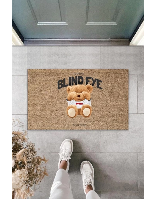 Dekoratif Dijital Blind Eye Ayıcık Bej Kapı Paspası Dış Mekan Paspas K-3189