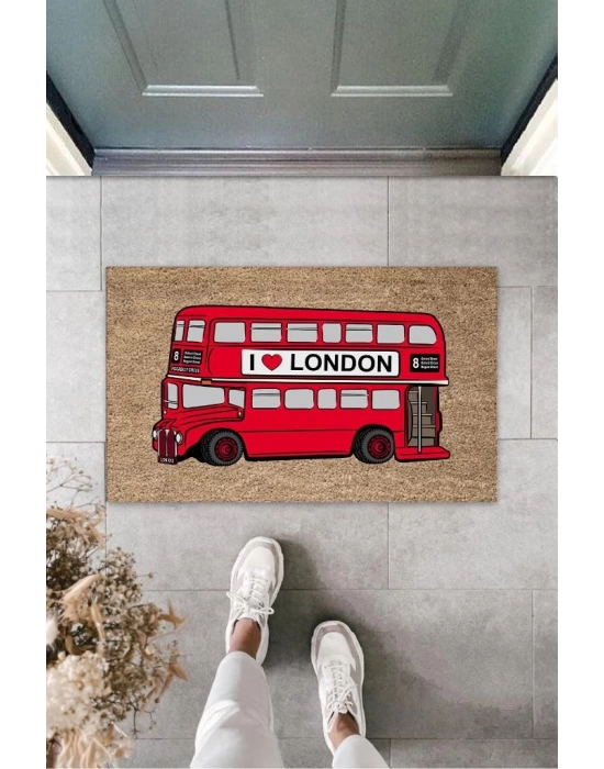 Dekoratif Dijital I Love London Otobüsü Kırmızı Kapı Paspası Dış Mekan Paspas K-3172