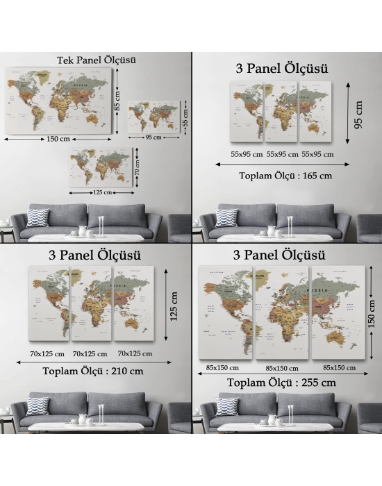 Detaylı Dünya Haritası Dekoratif Renkli Zeminli Kanvas Tablo 1702