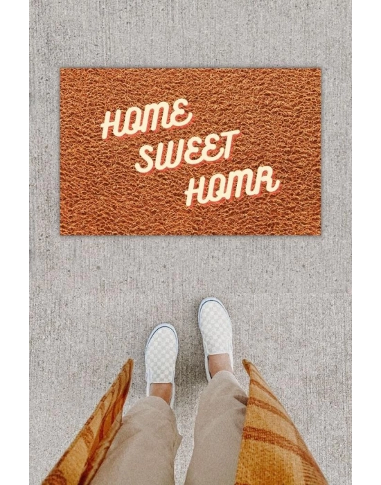 Dijital Baskı Dekoratif Home Sweet Home Kahverengi Kapı Önü Paspası K-1236