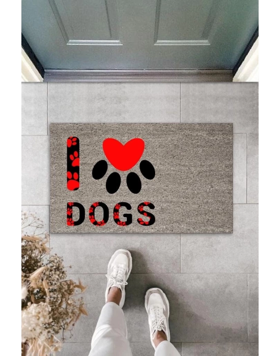 Dijital Baskı Gri Kırmızı Kalpli Patili I Love Dogs Dekoratif Kapı Paspası K-2076