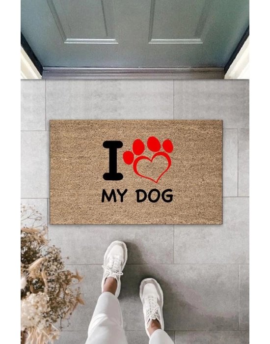 Dijital Baskı Kahverengi Kırmızı Kalpli I Love My Dog Dekoratif Kapı Paspası K-2016