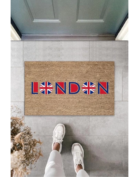 Dijital Baskı Kahverengi London Bayrak Paspas K-3156