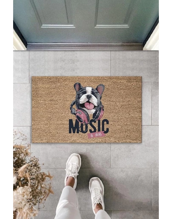 Dijital Baskı Kahverengi Music Yazılı Kulaklıklı Köpek Dekoratif Kapı Paspası K-2042