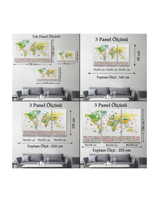 Dünya Haritası Ayrıntılı Eğitici  Sembollü Bayraklı Dekoratif Kanvas Tablo 2835