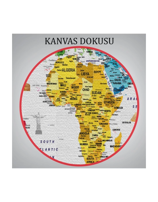 Dünya Haritası Ayrıntılı Eğitici  Sembollü Bayraklı Dekoratif Kanvas Tablo 2877