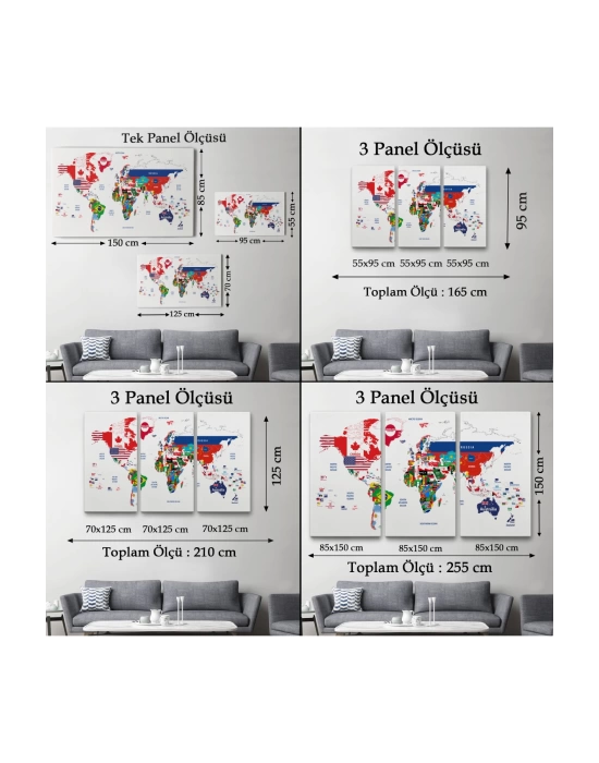 Dünya Haritası Bayrak Desenli Dekoratif Kanvas Tablo 1043