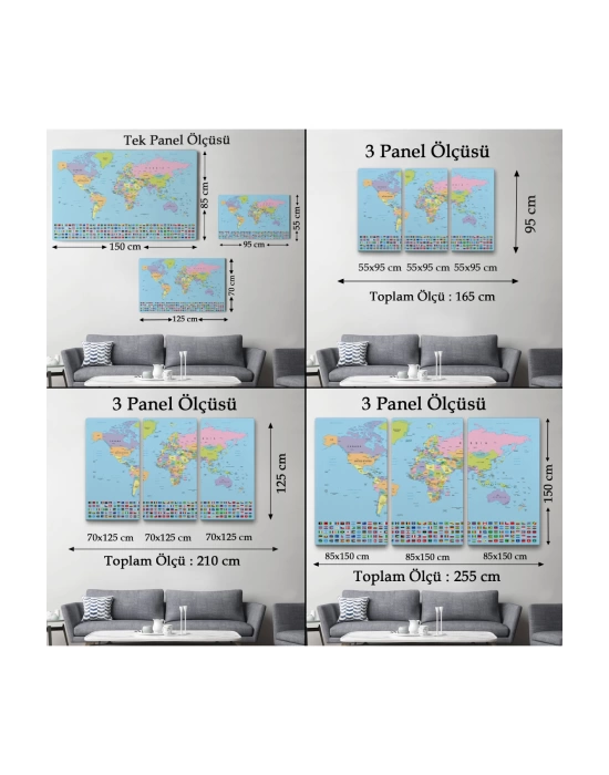 Dünya Haritası  Bayraklı Dekoratif Kanvas Tablo 1094