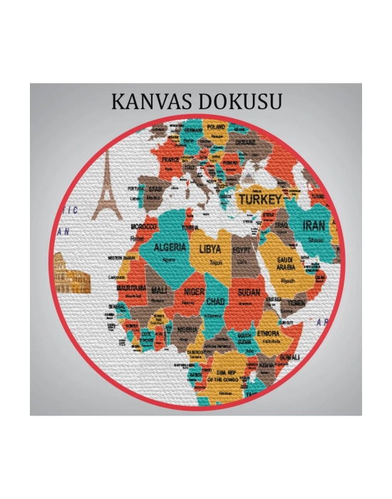 Dünya Haritası Dekoratif Kanvas Tablo Ülke ve Başkentli Öğretici ve Sembollü 2291