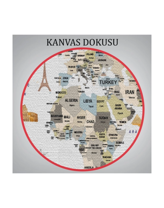 Dünya Haritası Dekoratif Kanvas Tablo Ülke ve Başkentli Öğretici ve Sembollü 2301