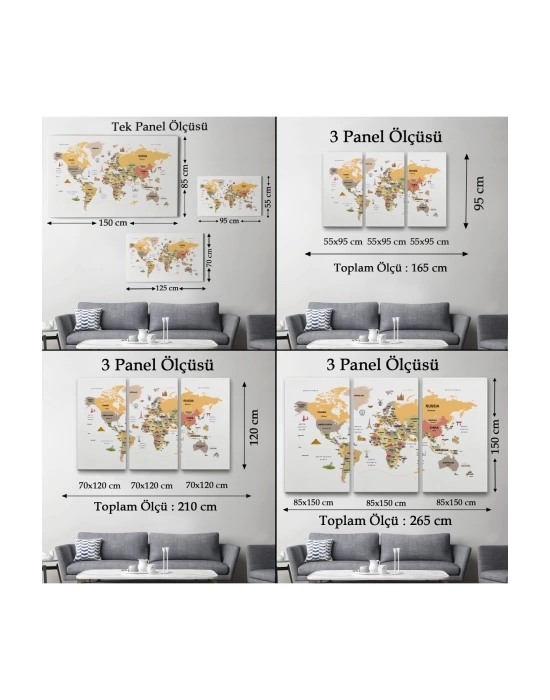 Dünya Haritası Dekoratif Kanvas Tablo Ülke ve Başkentli Öğretici ve Sembollü 2303