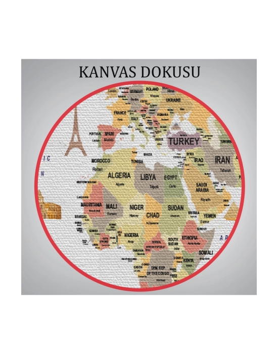 Dünya Haritası Dekoratif Kanvas Tablo Ülke ve Başkentli Öğretici ve Sembollü 2303