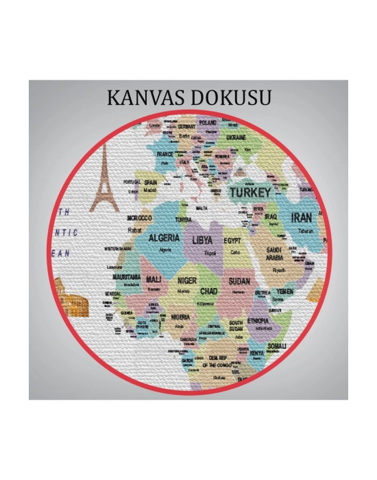 Dünya Haritası Dekoratif Kanvas Tablo Ülke ve Başkentli Öğretici ve Sembollü 2307