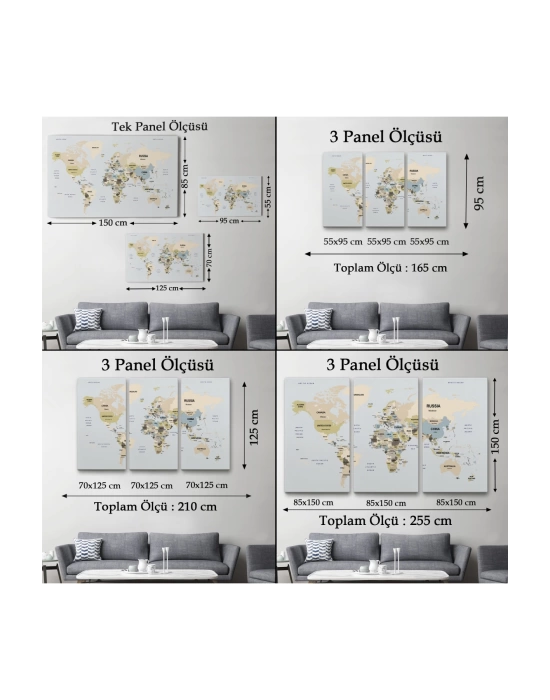 Dünya Haritası Kanvas Tablo  Ülke Başkent Detaylı ve Dekoratif 2597