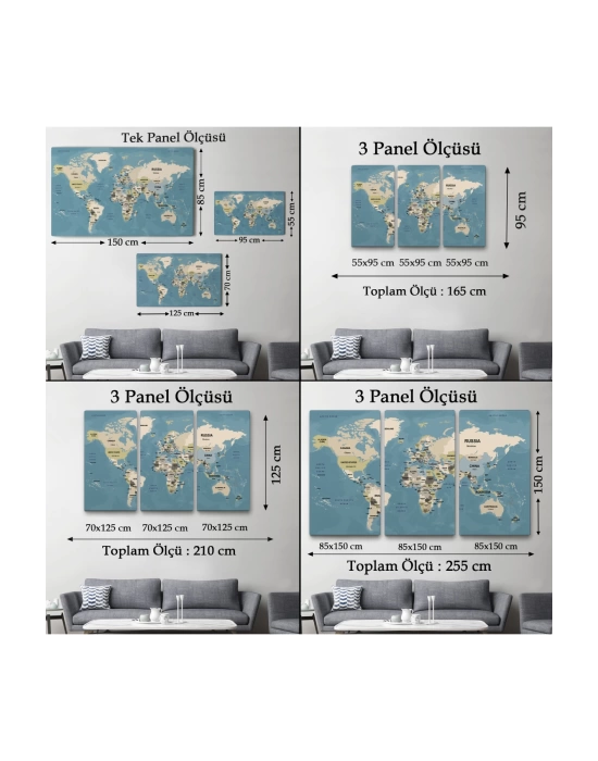 Dünya Haritası Kanvas Tablo  Ülke Başkentli ve Okyanus Detaylı Tablo 2743