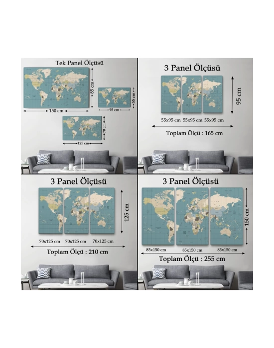 Dünya Haritası Meridyenli  Dekoratif Kanvas Tablo 1070