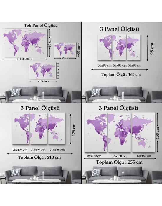 Dünya Haritası Mor Renkli Dekoratif Kanvas Tablo 1044