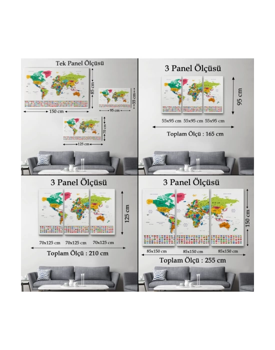 Dünya Haritası Son Derece Ayrıntılı Eğitici  ve Bayraklı Dekoratif Kanvas Tablo 2798