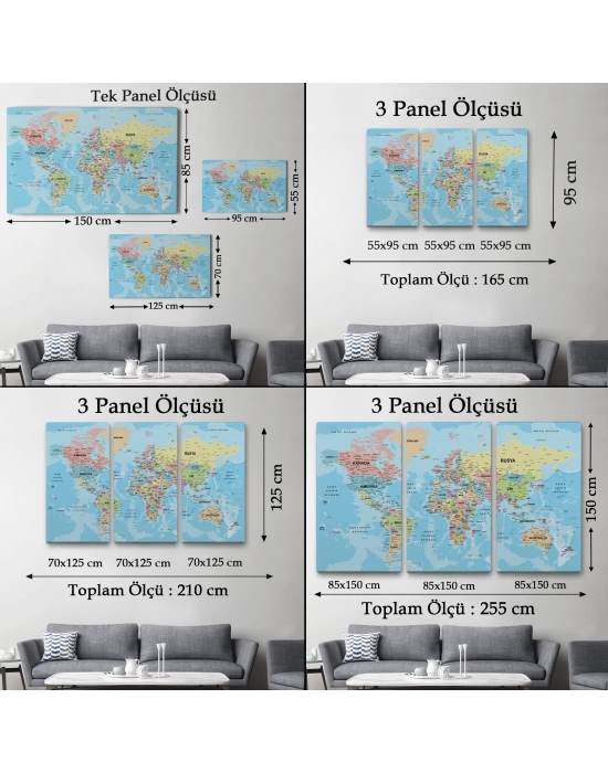 Dünya Haritası Türkçe Kanvas Tablo Ayrıntılı Dekoratif-Okyanuslu 2160