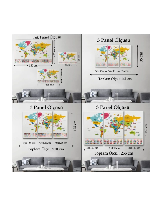 Dünya Haritası Ülke Bayraklı ve Başkentli Kanvas Tablo 1949