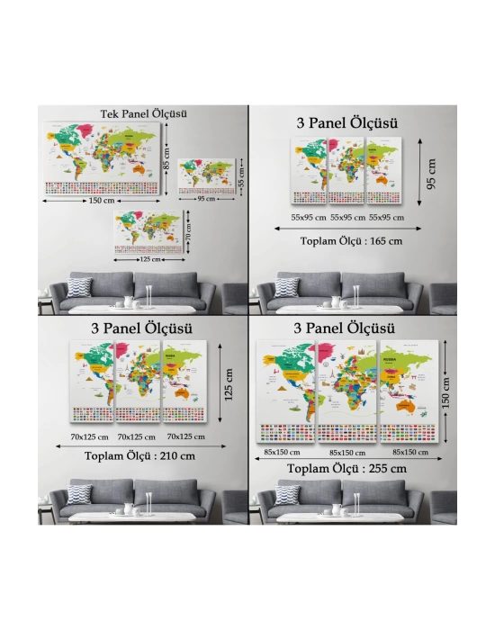 Dünya Haritası Ülke Bayraklı ve Başkentli Kanvas Tablo 1951