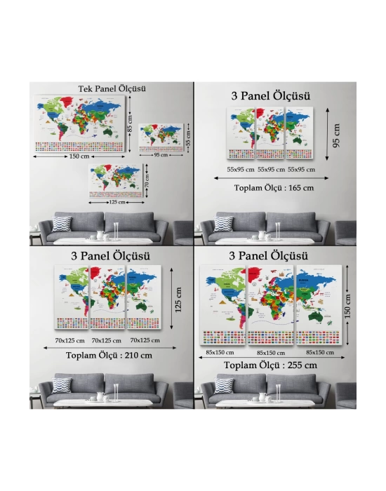 Dünya Haritası Ülke Bayraklı ve Başkentli Kanvas Tablo 1963