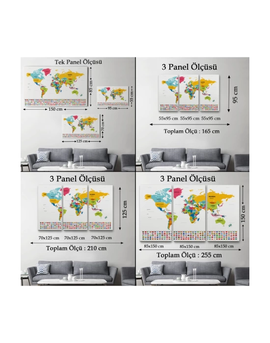 Dünya Haritası Ülke Bayraklı ve Dekoratif Kanvas Tablo 2395
