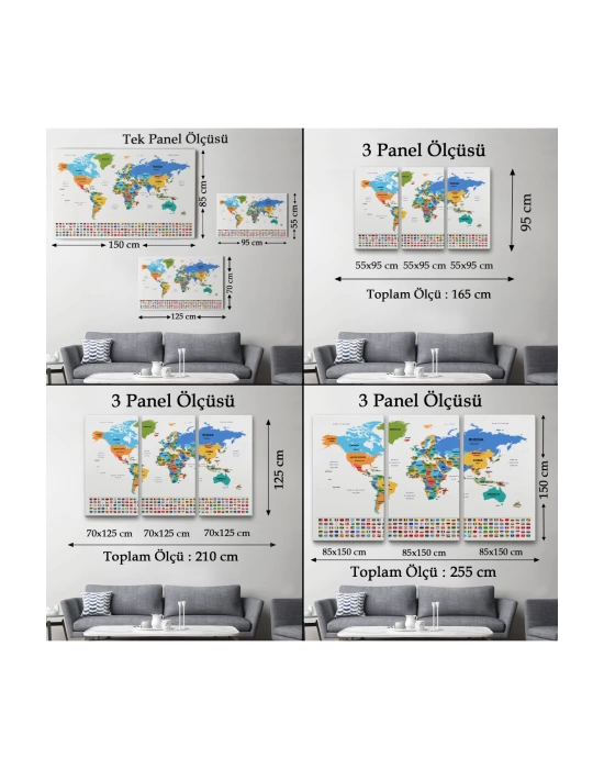 Dünya Haritası Ülke Bayraklı ve Dekoratif Kanvas Tablo 2413