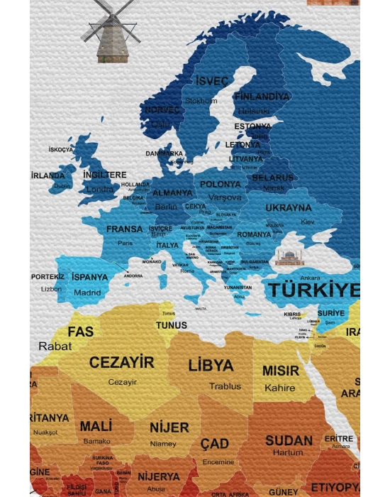 Duvar Örtüsü  Bayrak Detaylı Türkçe Güncel Dünya Haritası Kanvas Duvar Halısı-4047
