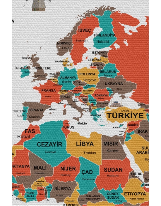 Duvar Örtüsü  Bayrak Detaylı Türkçe Güncel Dünya Haritası Kanvas Duvar Halısı-4048