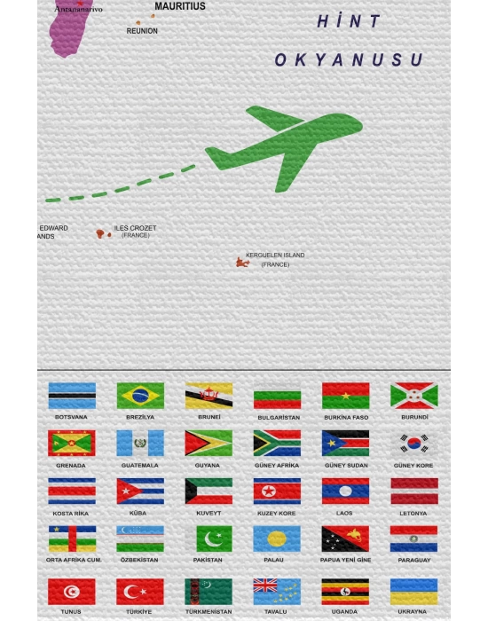 Duvar Örtüsü  Bayrak Detaylı Türkçe Güncel Dünya Haritası Kanvas Duvar Halısı-4052