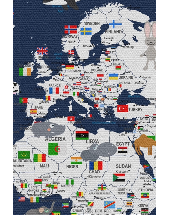Duvar Örtüsü Çocuk Odası  Dünya Haritası Kaliteli Kanvas Duvar Halısı-4044