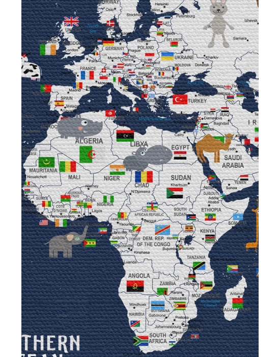 Duvar Örtüsü Çocuk Odası  Dünya Haritası Kaliteli Kanvas Duvar Halısı-4044