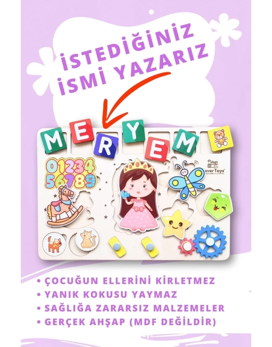 Eğitici Ahşap Kişiselleştirilebilir Kız Çocuk Oyuncak  Puzzle Yapboz HAYVANLAR, SAYILAR VE ŞEKİLLER