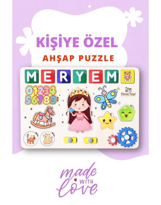 Eğitici Ahşap Kişiselleştirilebilir Kız Çocuk Oyuncak  Puzzle Yapboz HAYVANLAR, SAYILAR VE ŞEKİLLER