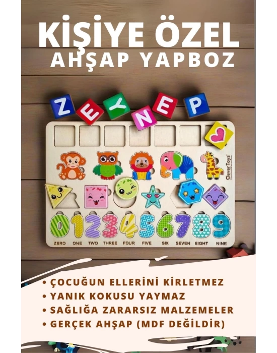 Eğitici Ahşap Kişiselleştirilebilir Oyuncak (HAYVANLAR, SAYILAR VE GEOMETRİK ŞEKİLLER) Puzzle Yapboz