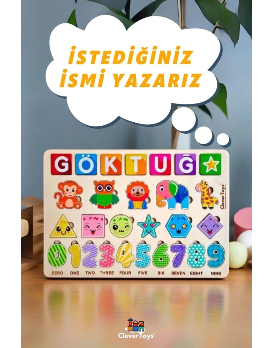 Eğitici Ahşap Kişiselleştirilebilir Oyuncak (HAYVANLAR, SAYILAR VE GEOMETRİK ŞEKİLLER) Puzzle Yapboz