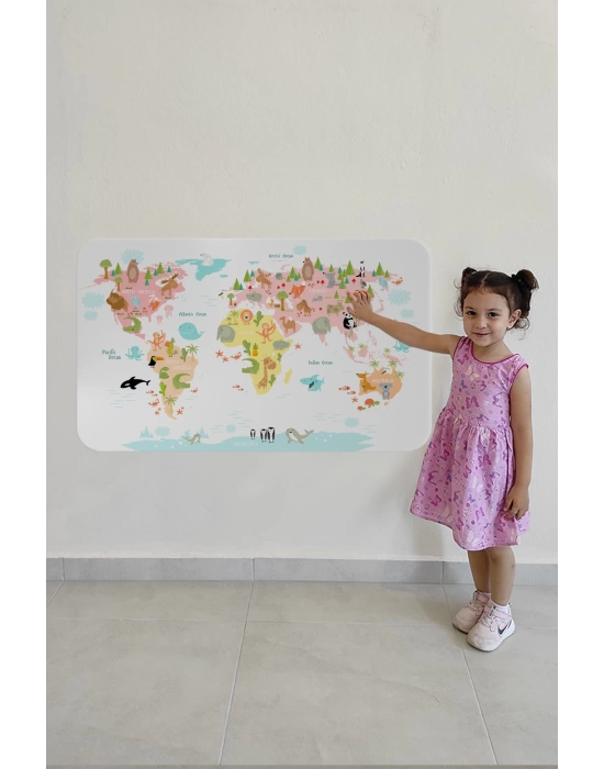 Eğitici Dünya Haritası Dünya Atlası Çocuk ve Bebek Kız Çocuğu Odası Duvar Sticker-60x105-3777