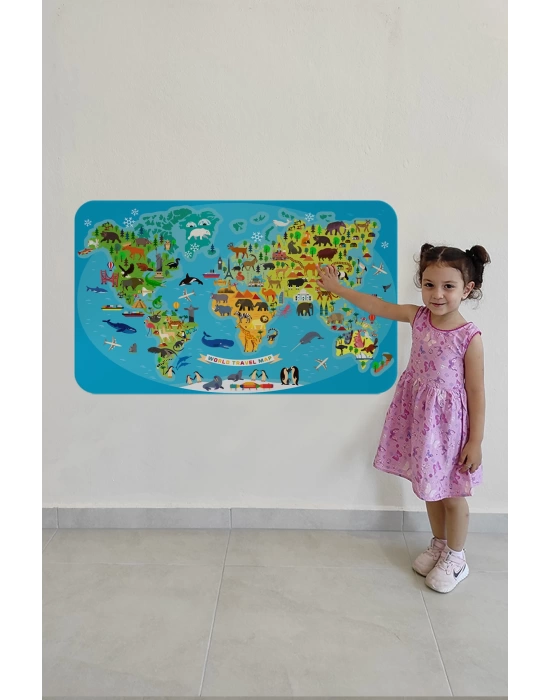 Eğitici Dünya Haritası Dünya Atlası Çocuk ve Bebek Odası Duvar Sticker-60x105-3788