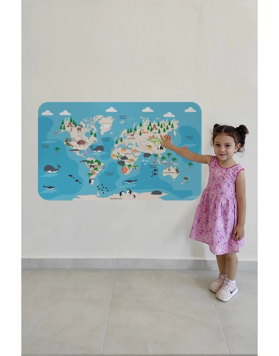 Eğitici Dünya Haritası Dünya Atlası Çocuk ve Bebek Odası Duvar Sticker -60x105-3802